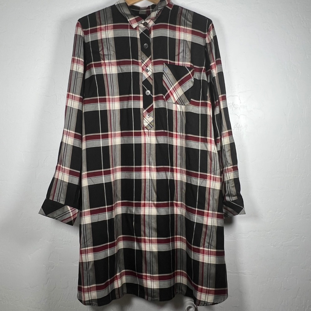 J. Jill Plaid Tencel Shirt Dress Black Red White Long Sleeve L WDR229871